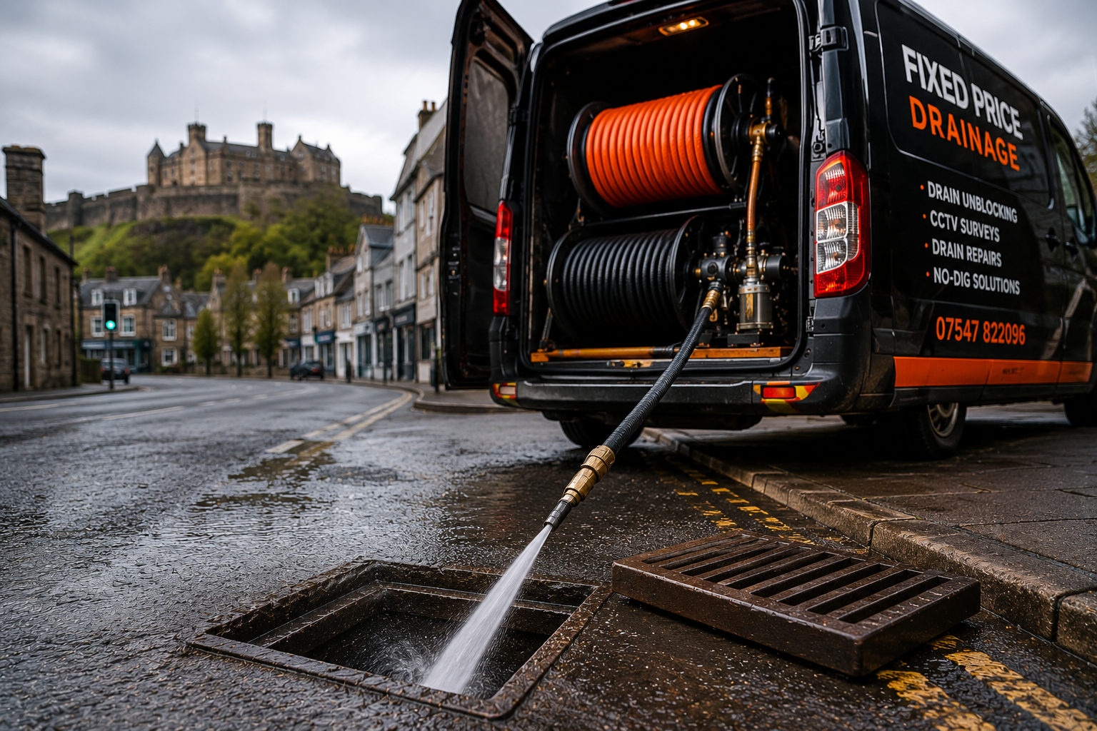 High pressure drain unblocking equipment clearing a drain in Stirling