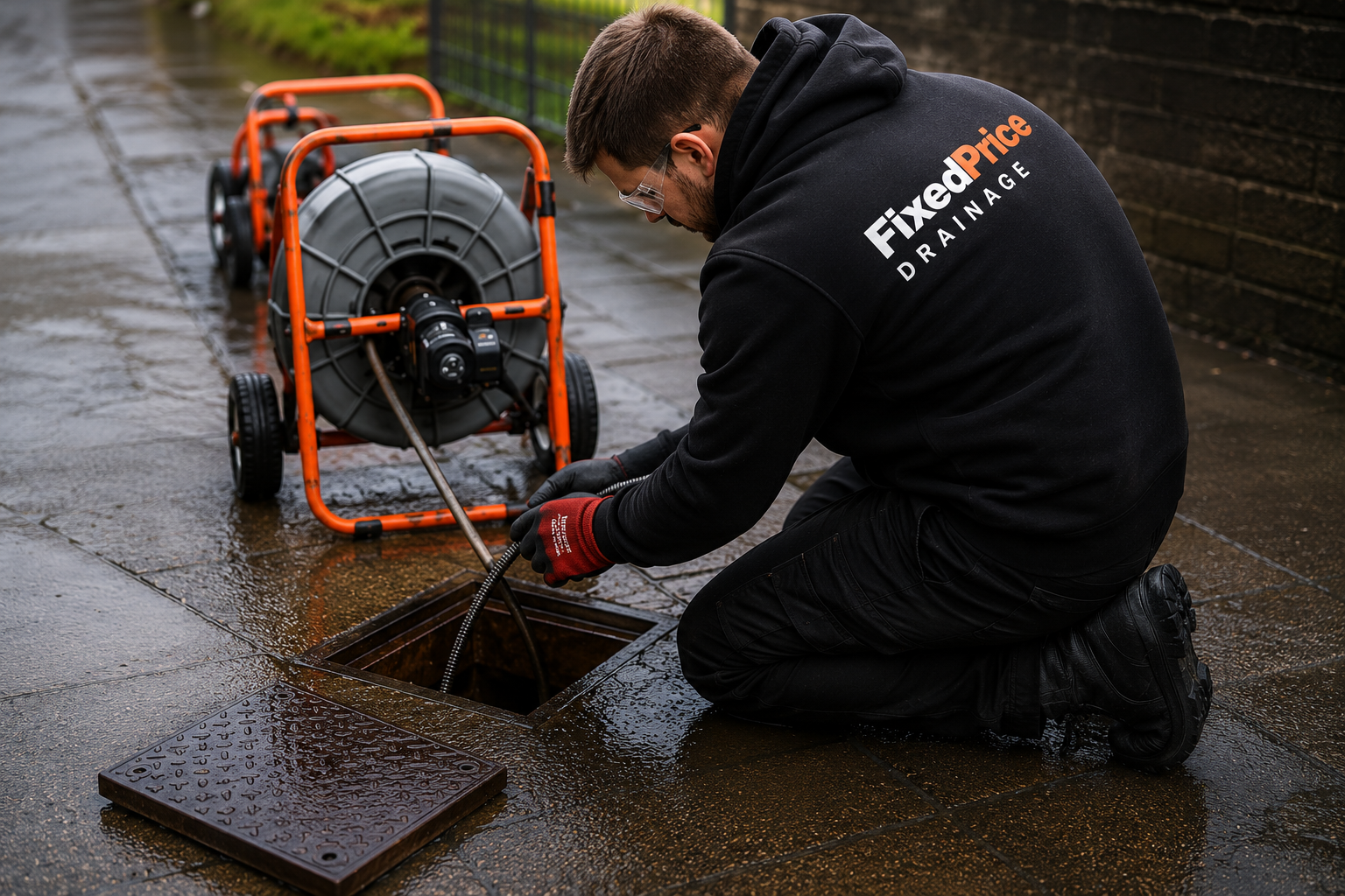 Professional drainage engineer carrying out drain unblocking