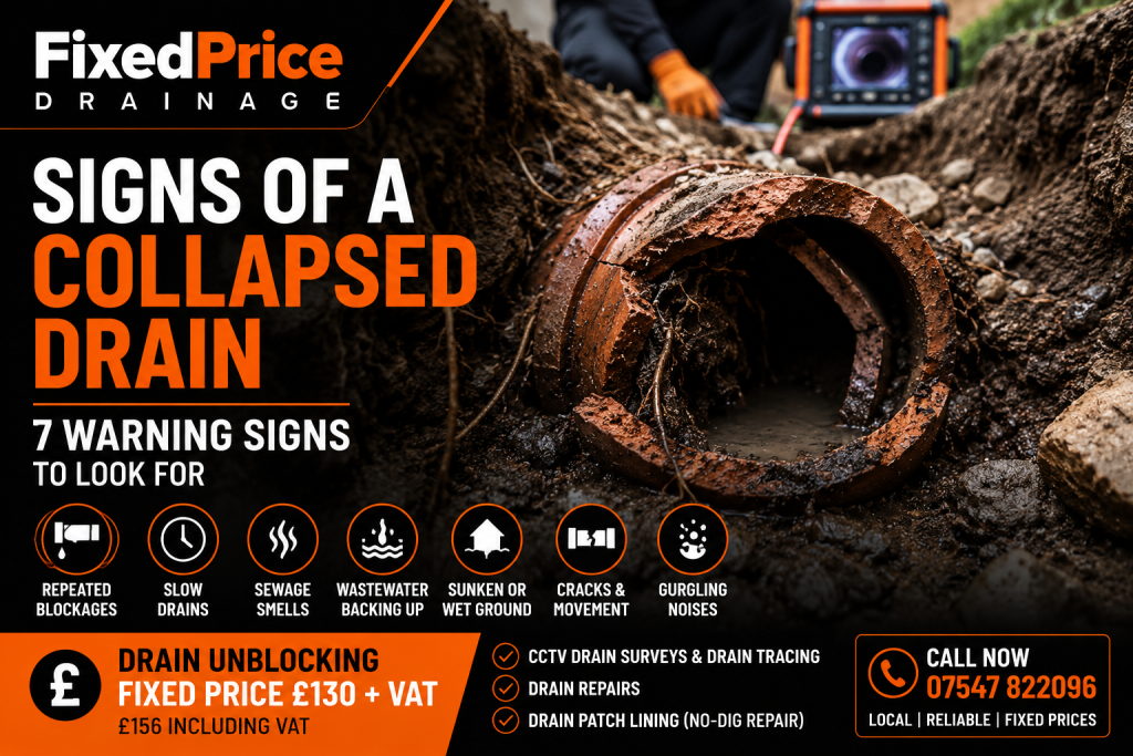 Signs of a collapsed drain including repeated blockages, slow drains and sewage backing up