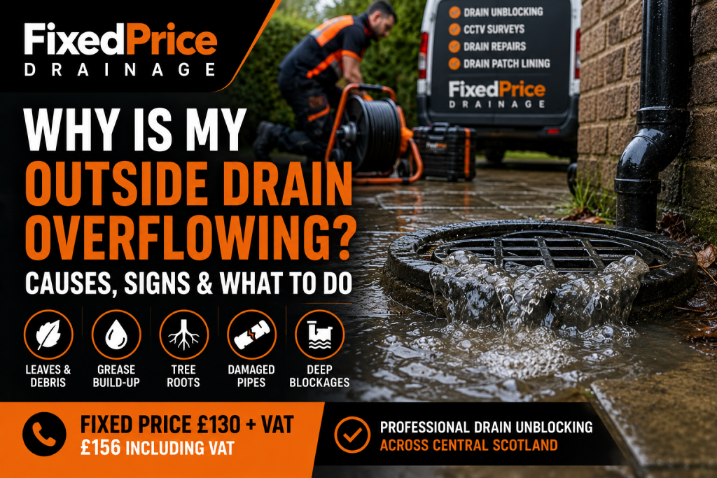 Overflowing outside drain being professionally unblocked by Fixed Price Drainage