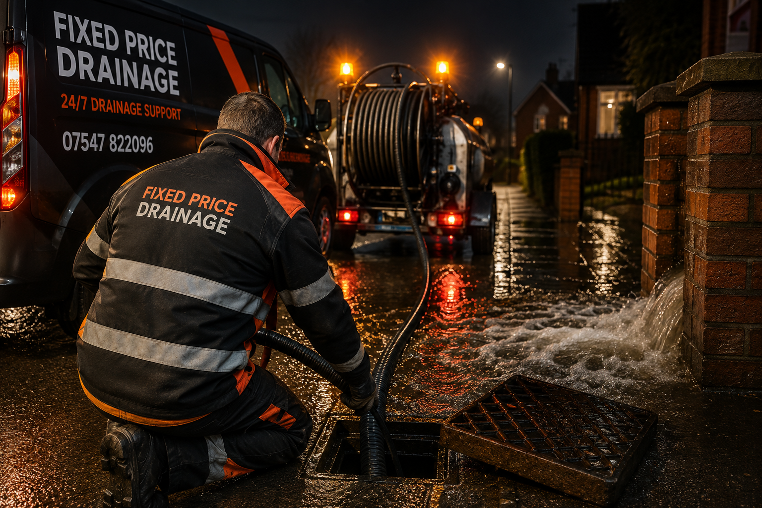 Fixed Price Drainage engineer attending an emergency blocked drain at night
